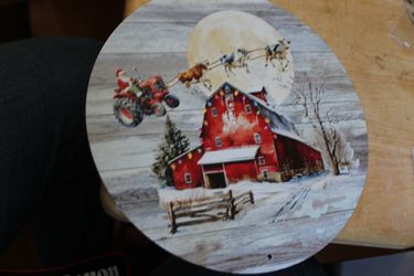 Santa "Tractor Sleigh and Cow Reindeer" Over Red Barn S8" Aluminum ign