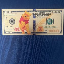 Disney Winnie The Pooh $100 Novelty 24k Gold Foil Plated Note Bill