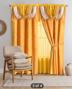 Gold Jacquard Curtain Set with Valance