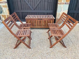 Like new wooden outdoor folding chairs with storage coffee table