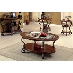 Traditional Brown Oval Wood Coffee Table, and 4 Side Tables Set