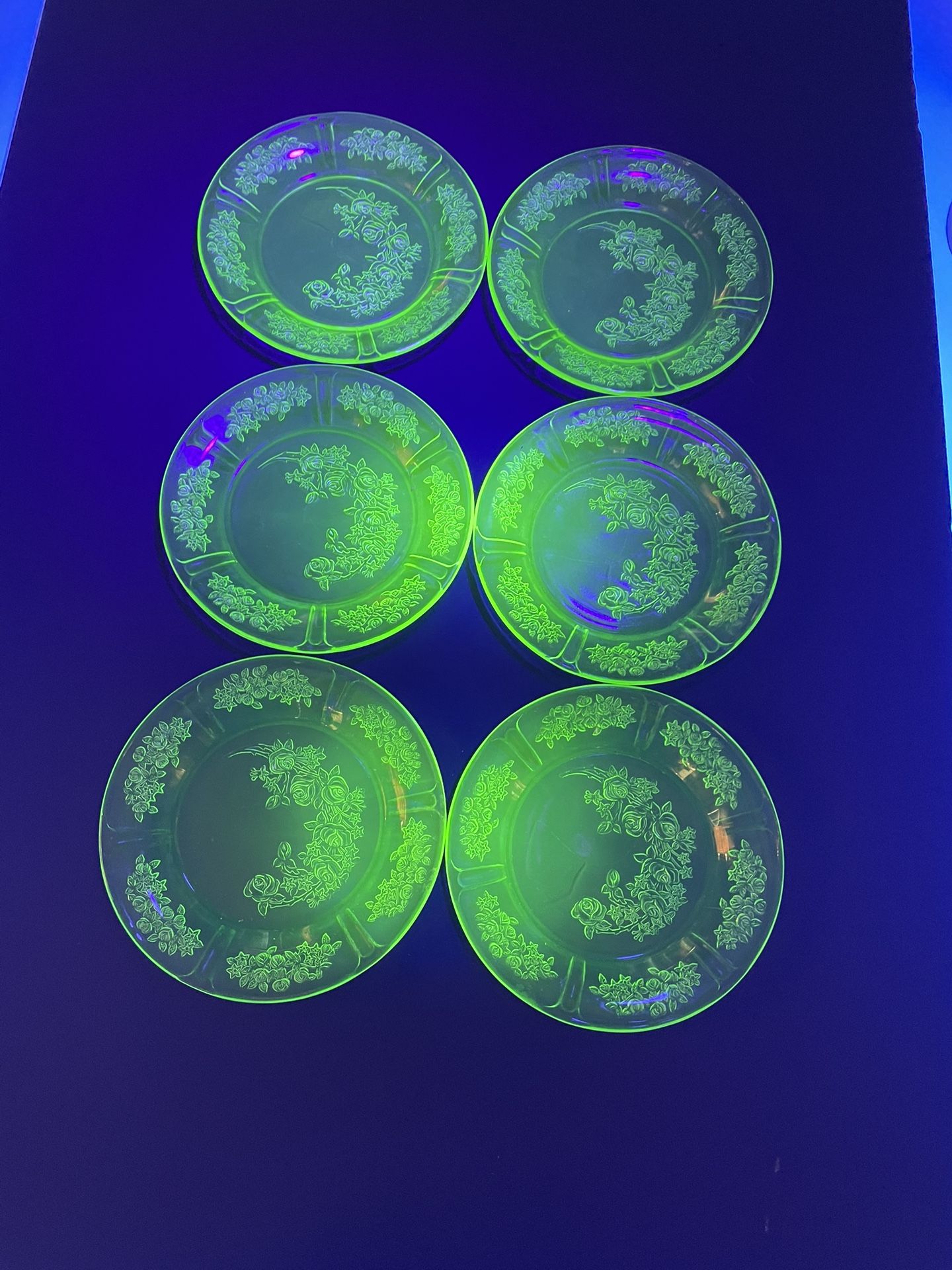 (6) 1930’s Uranium Glass Sharon Cabbage Rose 6” Plates ($15 Each Or $75 For All 6)