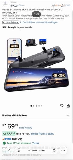 Pelsee S12 Native 4K + 2.5K Mirror Dash Cam, 64GB Card Included, GPS