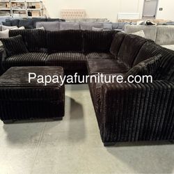 New! Black Couch, Plush Sectional, Black Sectional And Ottoman, Corduroy Sectional, Black Corduroy Couch, Sofa, Sectionals, Fluffy Sofa And Ottoman
