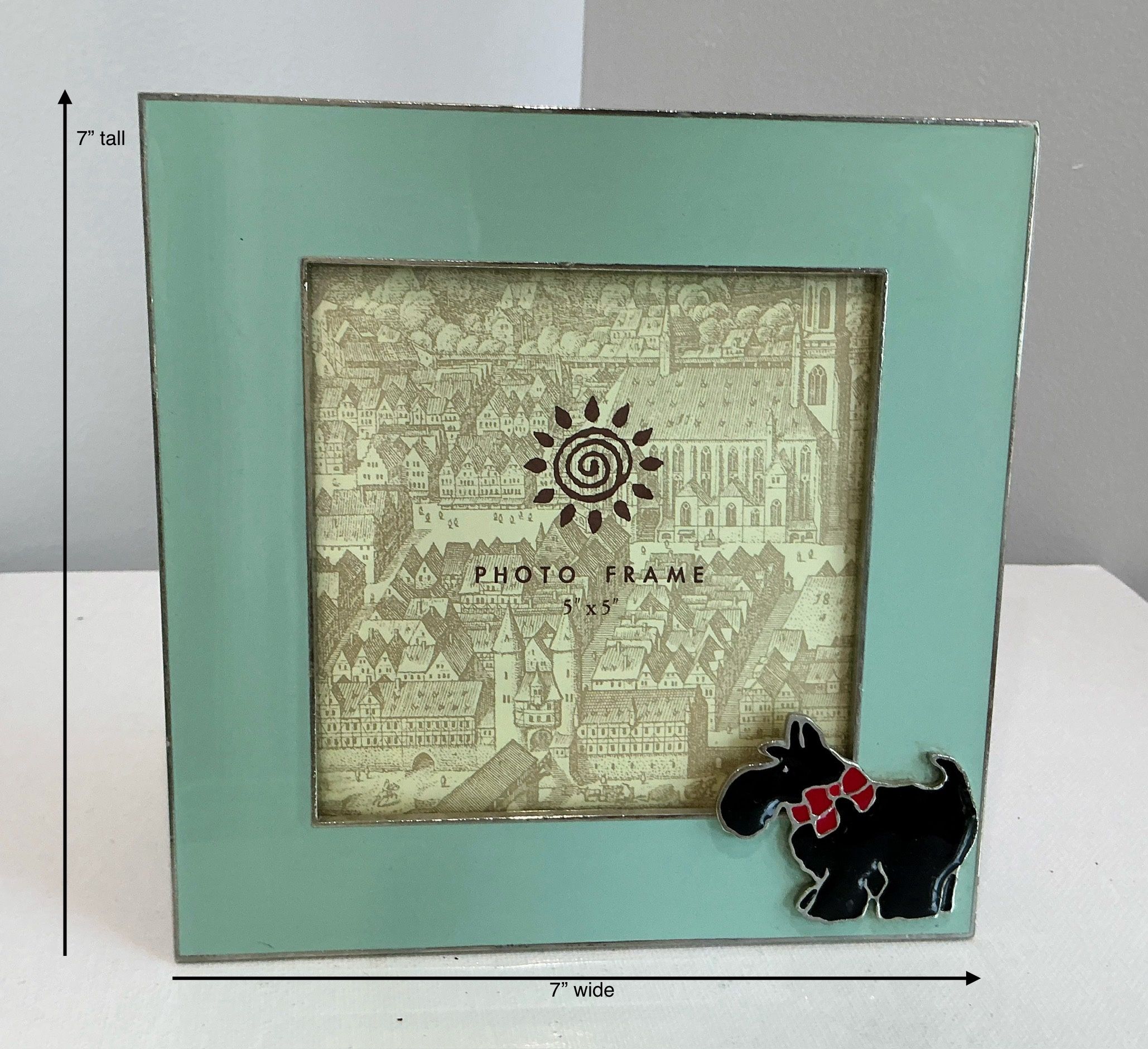 Small Turquoise Glass Photo Frame for a 5x5 Photo with Attached Scottie Dog