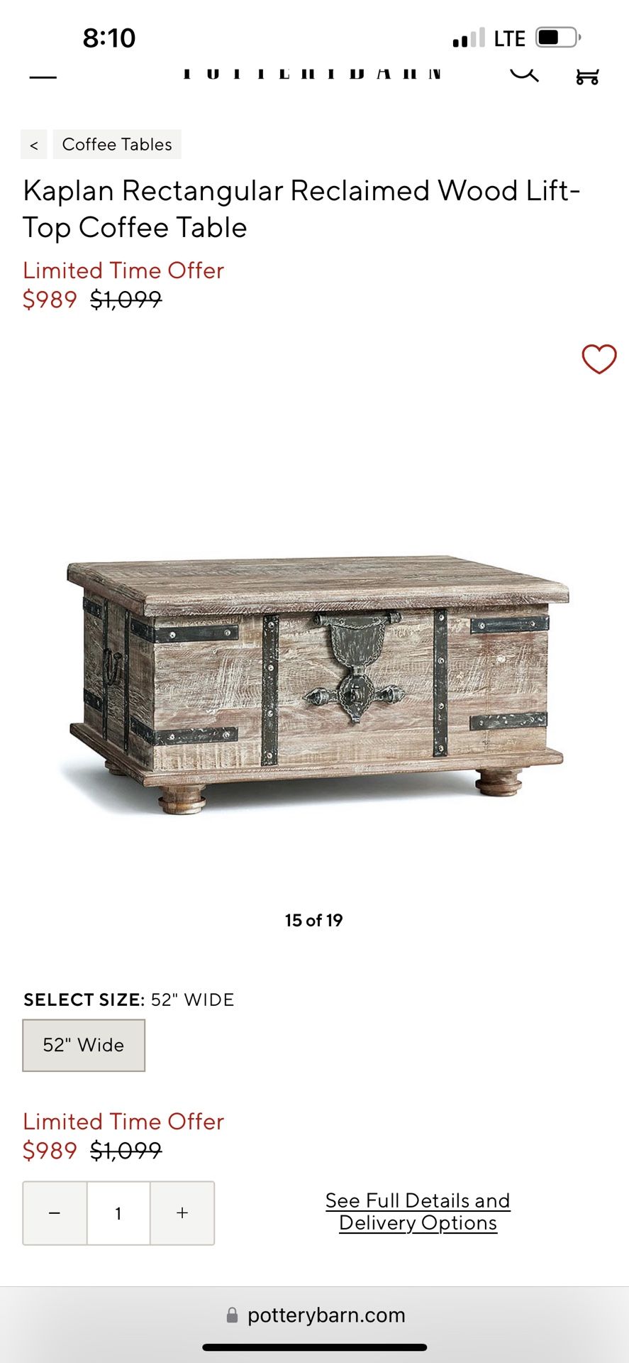 Pottery Barn. Kaplan Rectangular Reclaimed Wood Lift-Top Coffee Table