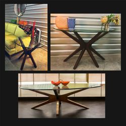 MCM Style Glass Coffee Table Side Table Console Set Sculptural Base