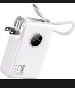 Portable Charger with Built-in Cables, LED Display and AC Wall Plug - White 24B5