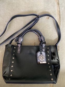 Rafé New York style Black Studded Satchel — Pebbled Leather + Patent, Crossbody Strap, Never Used