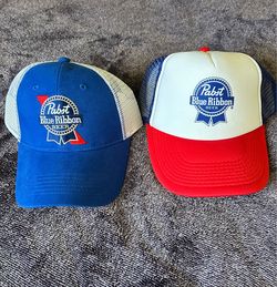 TWO PBR Pabst Blue Ribbon trucker caps