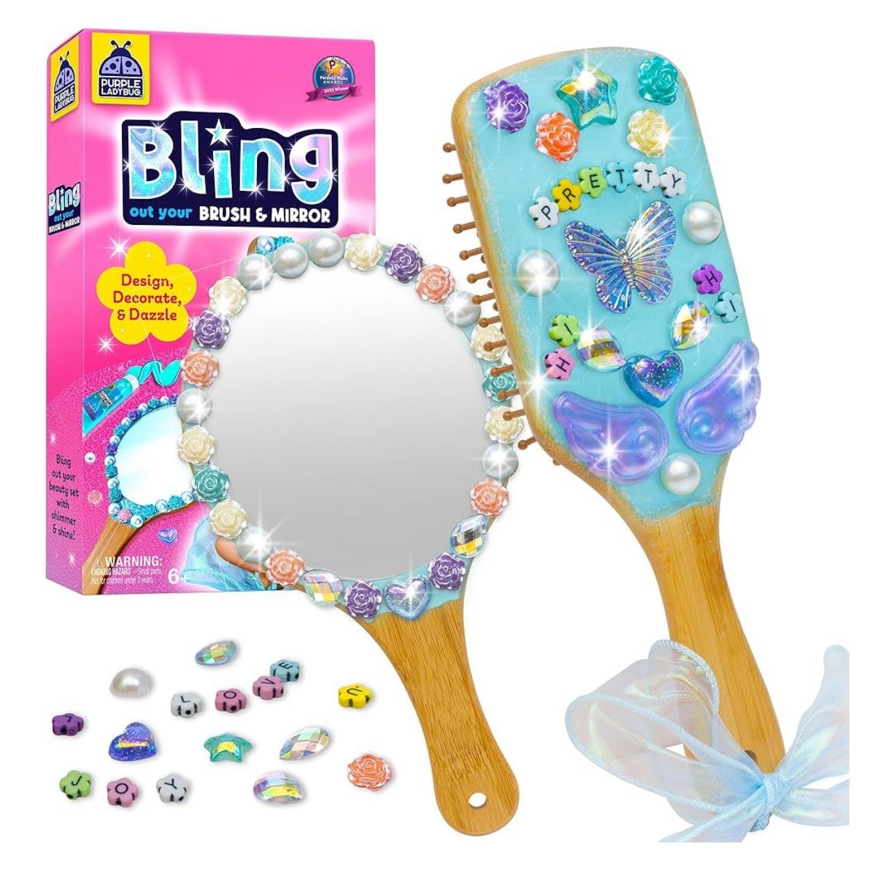 Decorate Your Own Wooden Mirror & Brush Set with Glitter Glue, Beads, Gems, Butterflies, & Ribbons - Fun Christmas Gifts for Girls 8-12, 6-12 Year Old