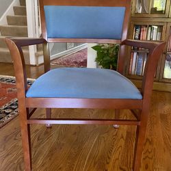 6 Wooden Chairs With Blue Upholstery 