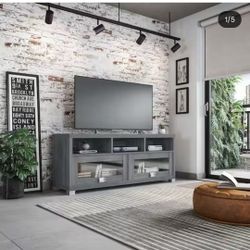 57.25 in. Gray Wood TV Stand Fits TVs Up to 65 in. with Storage Doors