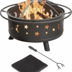 32-inch Outdoor Wood Burning Fire Pit with Screen, Poker, and Cover, Outdoor Fire Pits for Backyard, Patio, or Deck (Black)