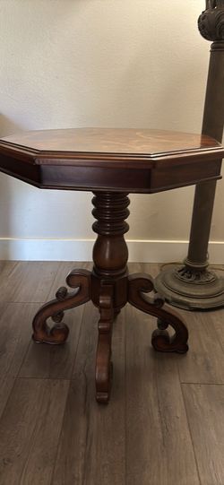 Octagonal Burl Wood Inlay Pedestal Side Table