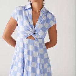 Urban Outfitters Blue White Floral Front Knot Open V Collar Mini Dress Size L