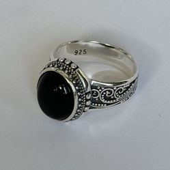 Black Agate  💍 925 Sterling Silver Ring Size 8