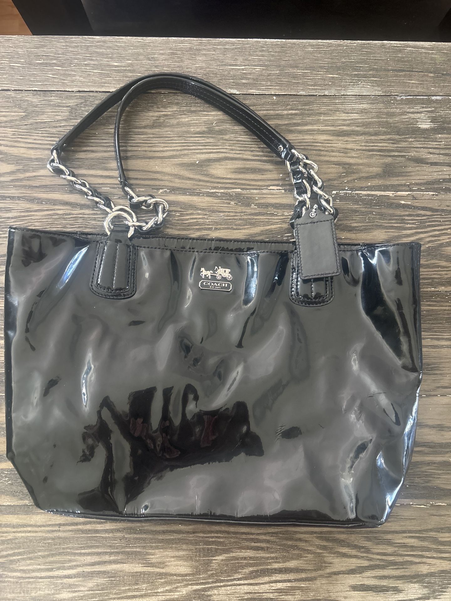 Authentic Coach Black Patent Leather Chain Strap Tote