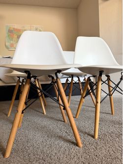 Set of 2 Mid-Century Modern White Dining Chairs – Wood Legs – Eames Style- the price is for each chair