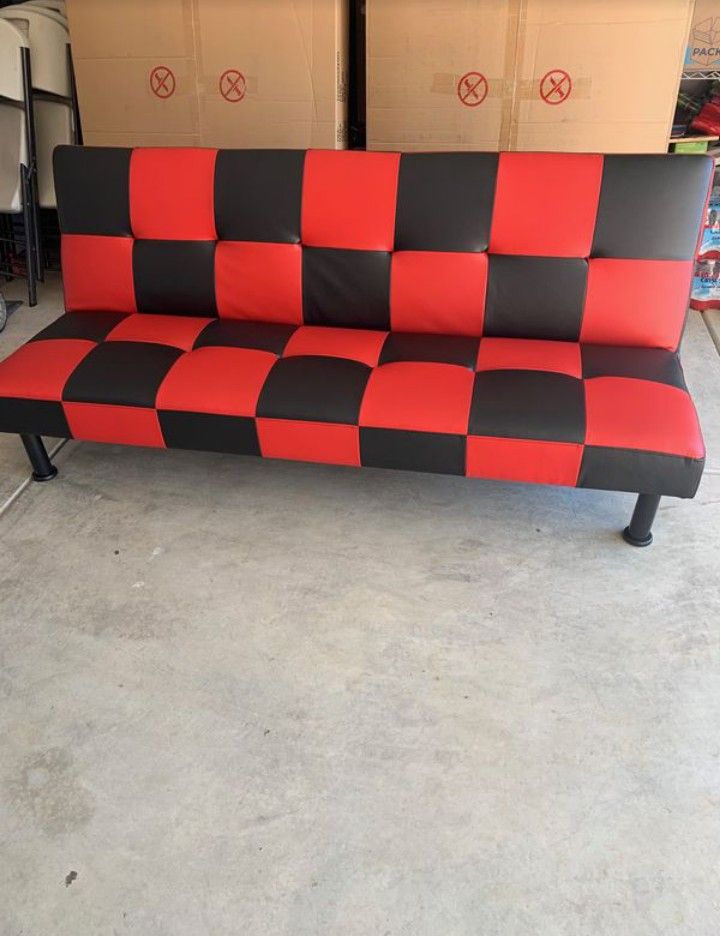 Brand New Red & Black Checkered Leather Tufted Futon