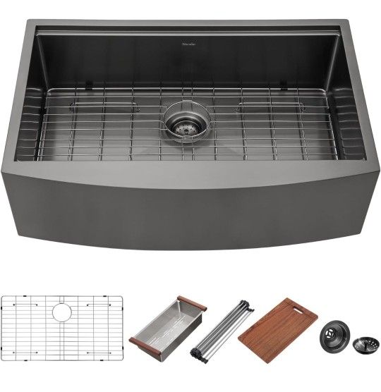 Mocoloo 30 Inch Apron Kitchen Sink - Black Farmhouse Sink Workstation 16 Gauge Gunmetal Black Stainless Steel Apron Front Single Bowl Farm Sinks Handm