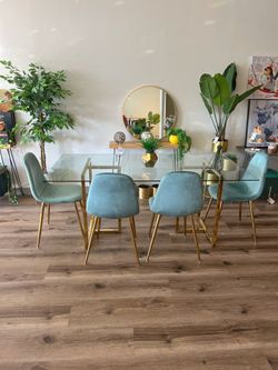 Blue Gold Velvet Modern Glass Dining Set 