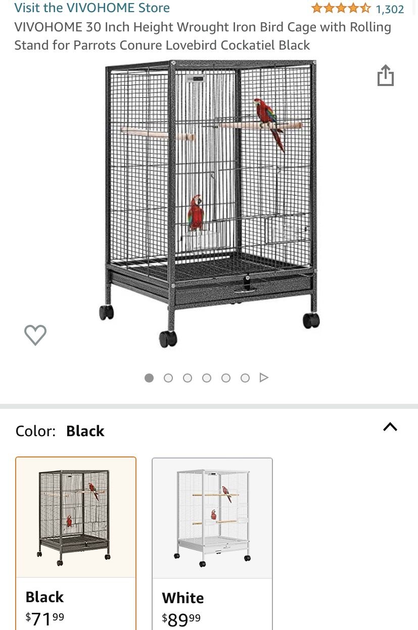 VIVOHOME 30 Inch Height Wrought Iron Bird Cage with Rolling Stand for Parrots Conure Lovebird Cockatiel Black