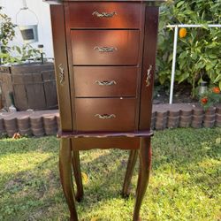 Vintage Wooden Standing Jewelry Armoire with Drawers + Ring Trays & T-Bar Jewelry Holder