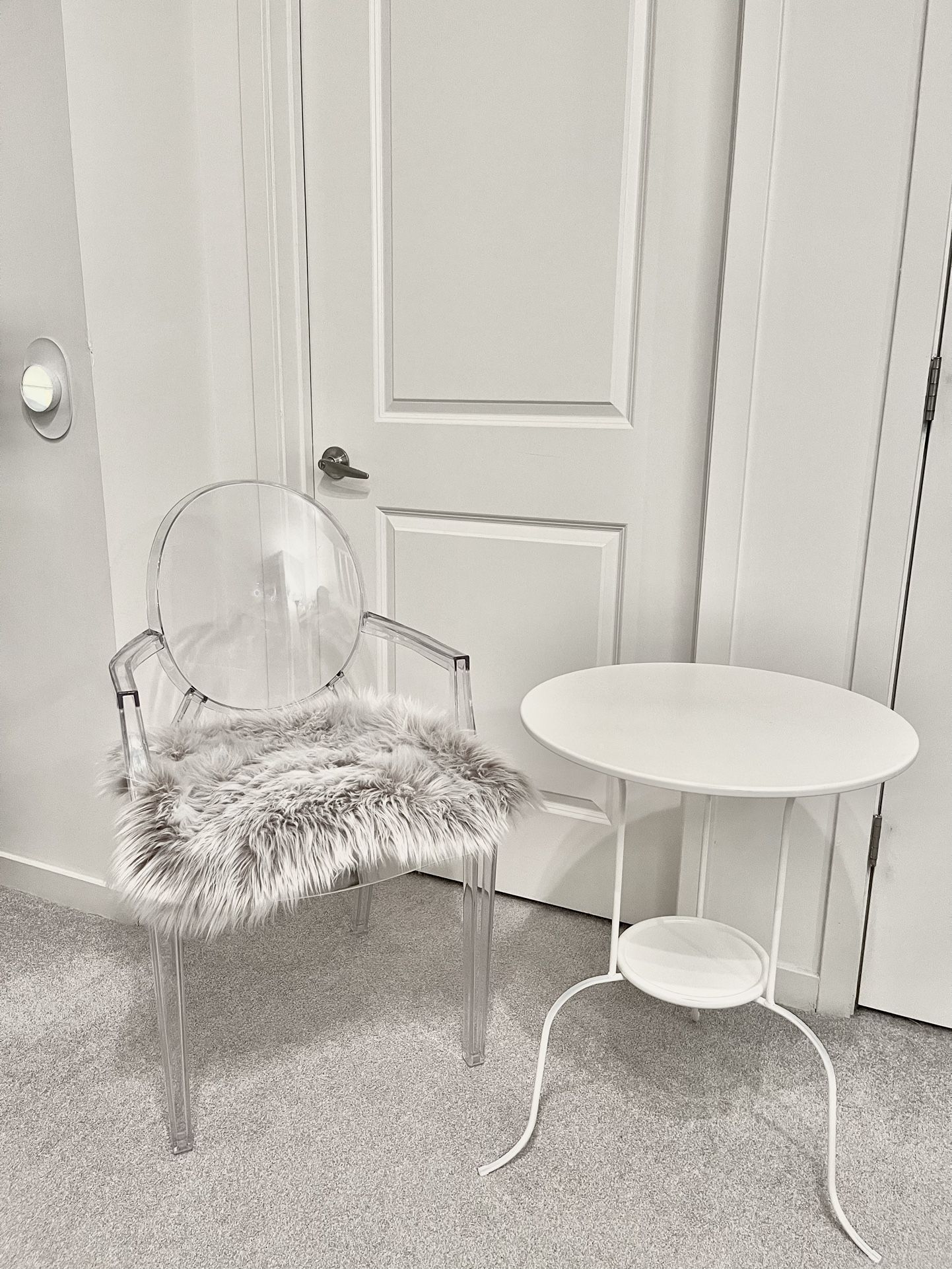 Transparent Chair With Faux Fur And Ikea LINDVED Side Table