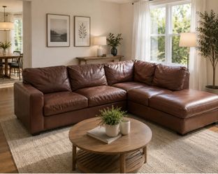 Brown Leather Sectional Sofa w/ Chaise – Delivery Available