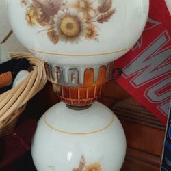 Vtg 14" 1970s Leviton Floral Milk Glass Hurricane