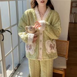 Women's pajamas set double-faced fleece pajamas cardigan with buttons autumn and winter full set pajamas