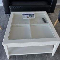 White Solid Wood Glass-Top Coffee Table w/ Drawer – 3’ x 3’ x 20”H