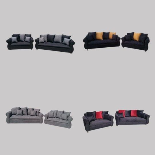 NEW COUCHES BLACK LEATHER, CHARCOAL RED, MARIGOLD FABRIC Set 2pc/ More Color FABRIC Available
