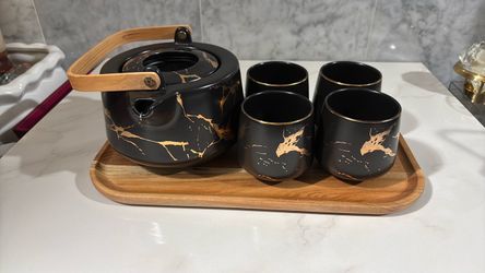 Japanese style black and gold ceramic loose leaf tea set with tray