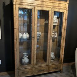 Bamboo Looking Pine Armoire With Glass Shelves And Drawers