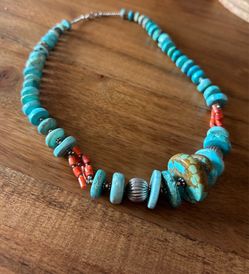 Genuine turquoise & coral sterling silver beads necklace