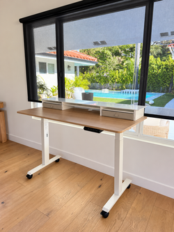 TIQLAB Electric Standing Desk w/ 2 Drawers & Shelf Riser – Oak/White, on Wheels