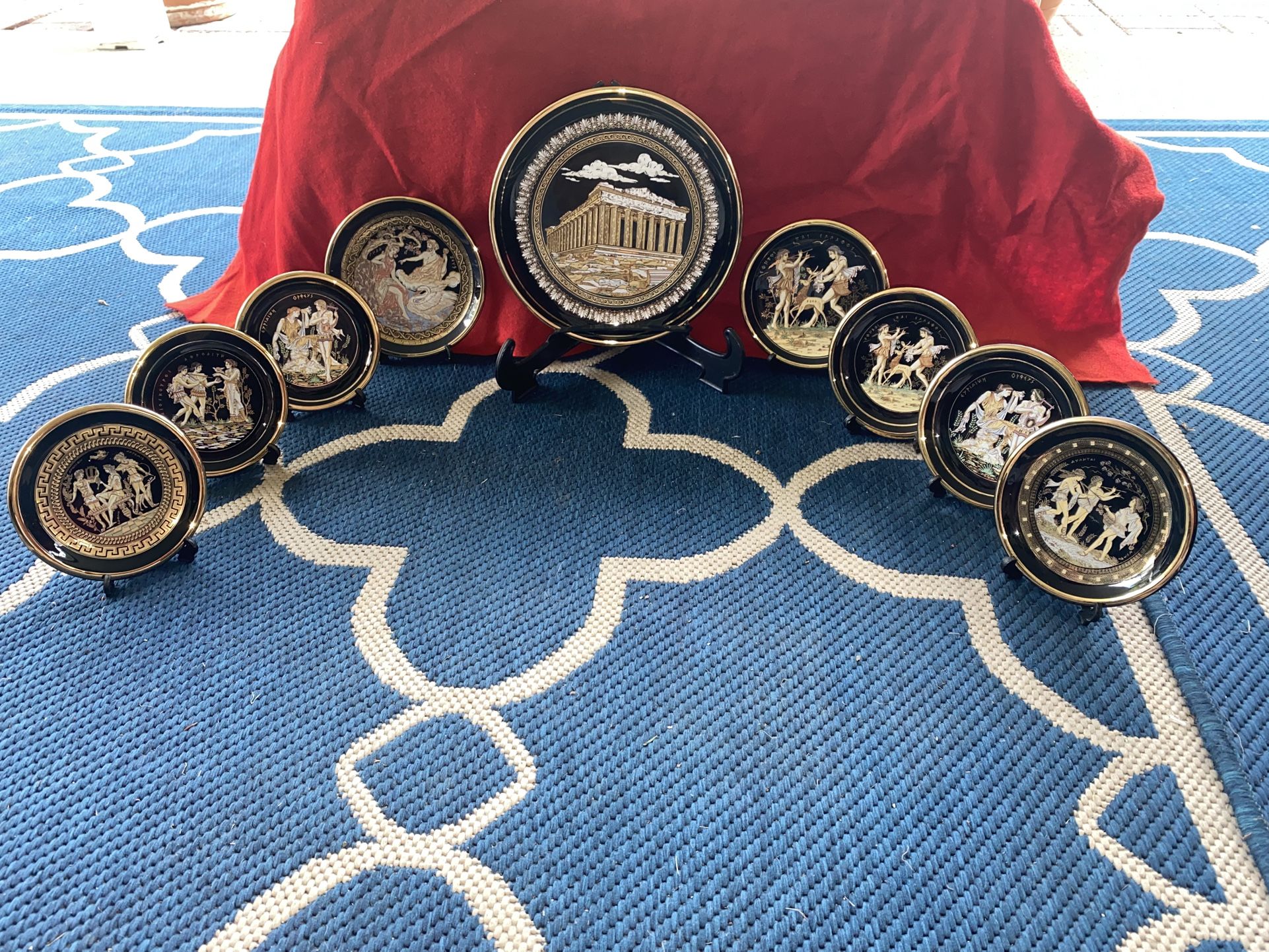 Set of 9 24k Black & Gold Handmade in Greece Imported From Greece Ceramic Plates