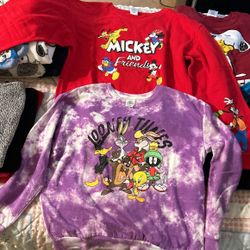2 Sweatshirts, One Looney Tune, And The Other Mickey And Friends