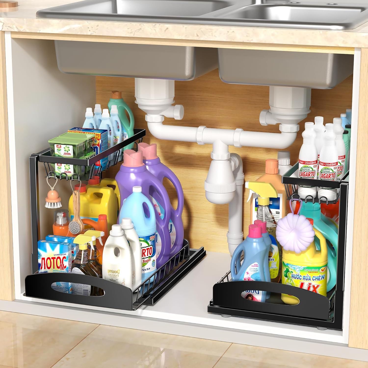 Under Sink Organizer, 2 Pack L-Shaped Bathroom Kitchen Organizers and Storage, Pull Out Sink Cabinet Drawer Shelf Pantry Organizer and Storage, Black