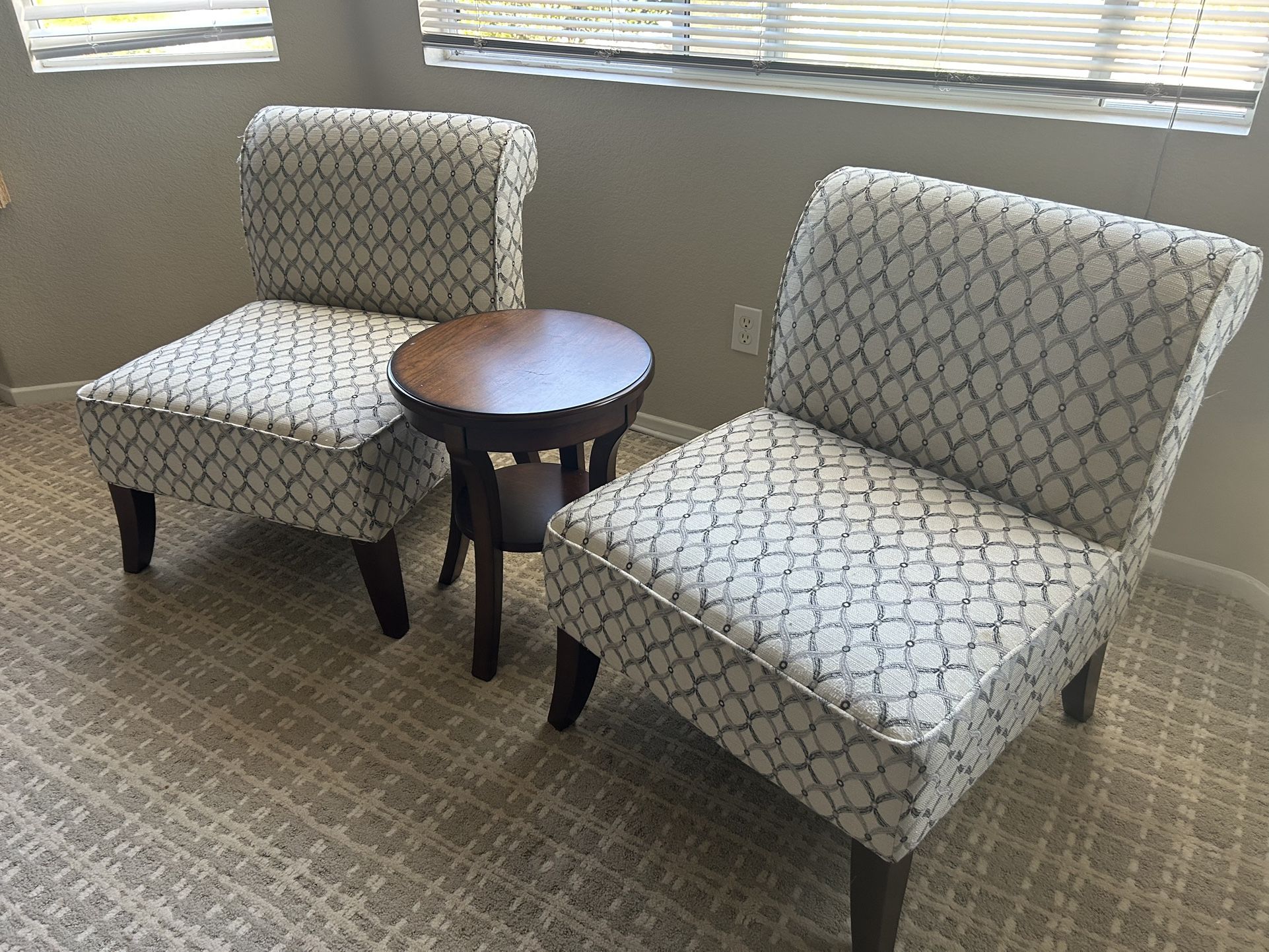 Elegant Upholstered Accent Chair Set (2) – Like New + Free Round Wooden Table!