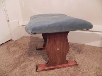Vintage Handmade Wooden Foot Stool, Aqua Colored Fabric Top