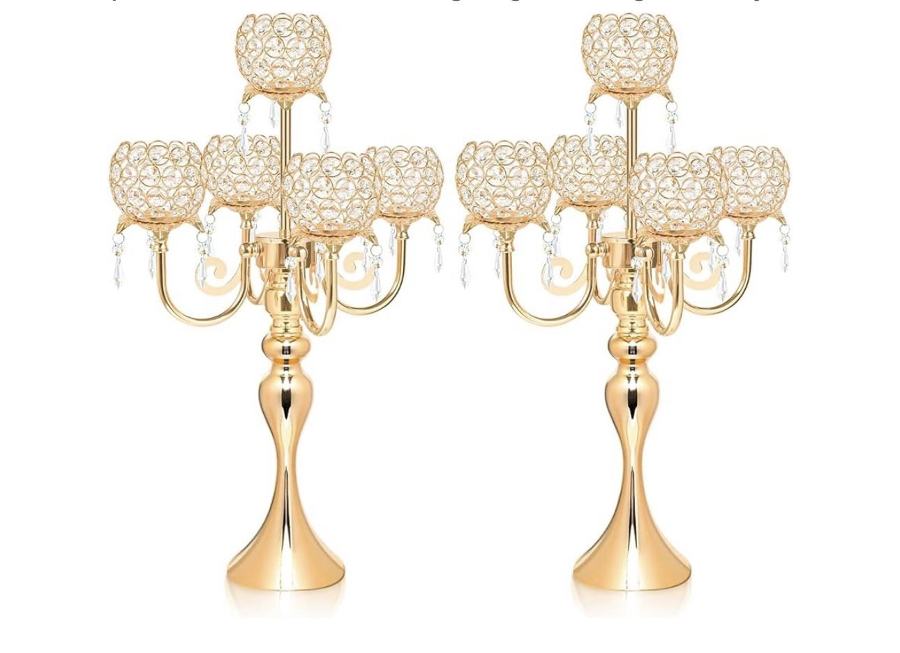 2 PCS Crystal Gold Candlelabra Candle Holder