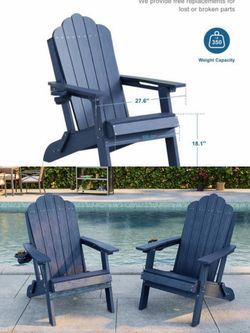 Set of 3, Navy Blue Plastic Foldable Adirondack Chair with Cup Holder, HDPE Lawn Chair, 350 lbs.,