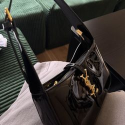 Black Patent Leather-Style Shoulder Bag with Gold Hardware
