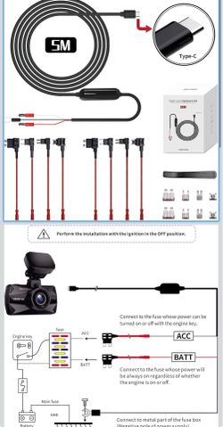 🔥Brand new 🔥 Dash Cam Hardwire Kit, 16.4ft/5M Type C USB Hardwire Kit 12V-24V to 5V with Low Voltage Protection Car Dash Camera Charger Power Cord, 