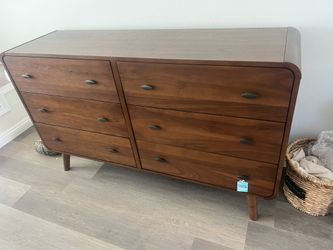 New Mid Century Dresser With Curved Corners. Pine Wood / Walnut Finish. 180 Lbs. Free Delivery!