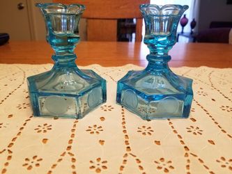 Set of blue glass candlestick holders