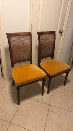 Vintage Mid-Century Cane Back Side Chairs - Pair (Yellow Velvet)